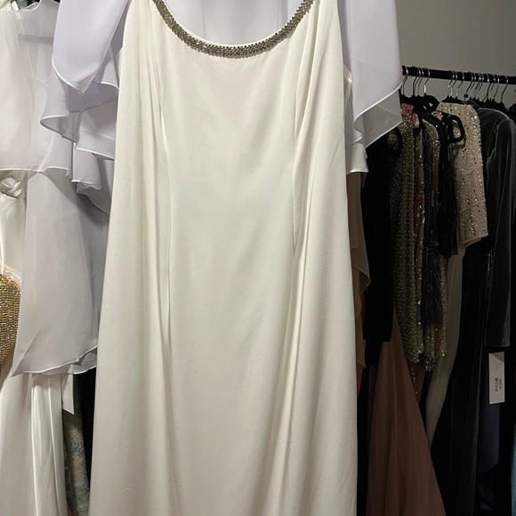 Sz 12 MacDuggal White Midi With Silver Beading At Neck W: Cape & Bag - Picture 2 of 6